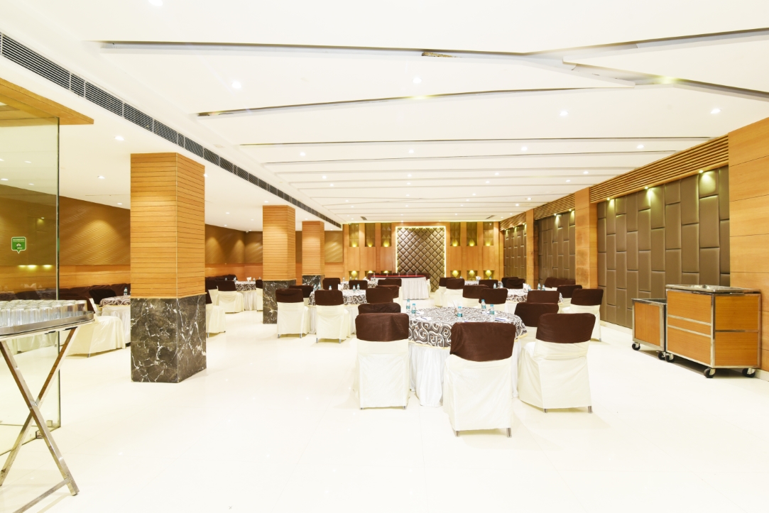 Stage and seating in the Angels banquet hall, Hotel Sawera Grand, Amritsar